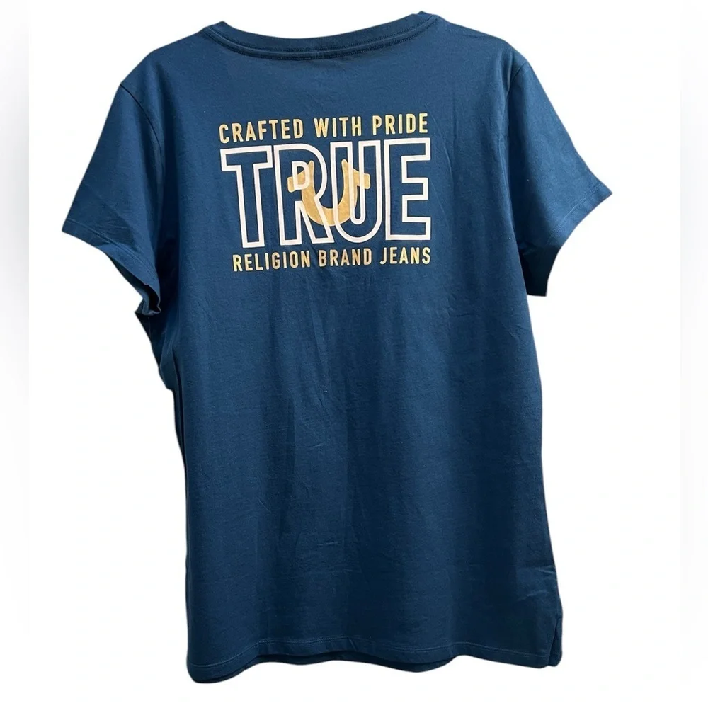 True Religion Blue/Dark Teal V-Neck T-Shirt with Gold Horse Shoe Size XXL - Picture 2 of 7